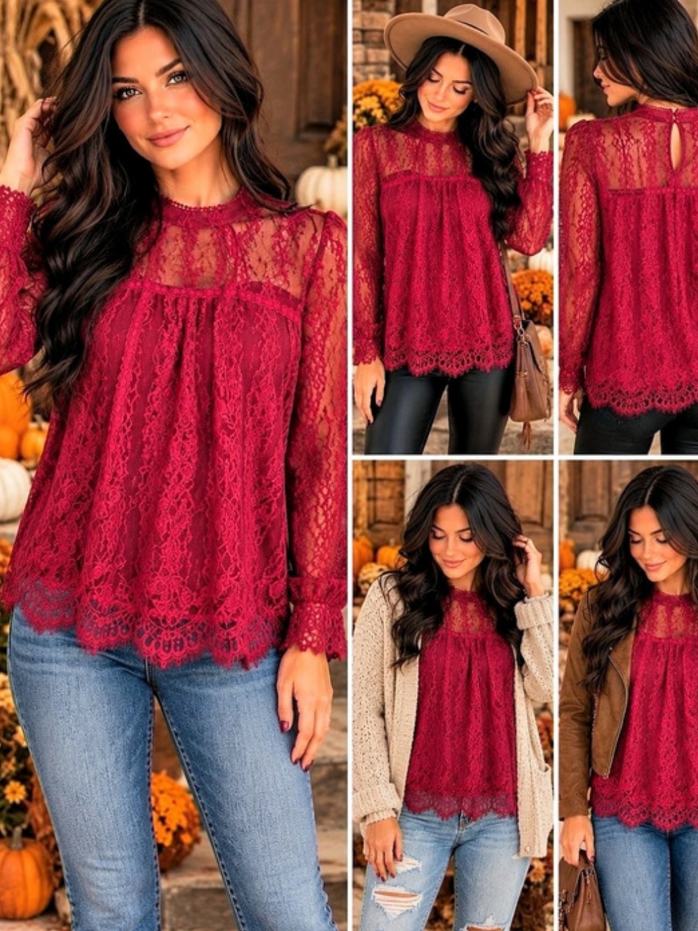 Lace Long Sleeve Blouse in Red Size Medium Like New